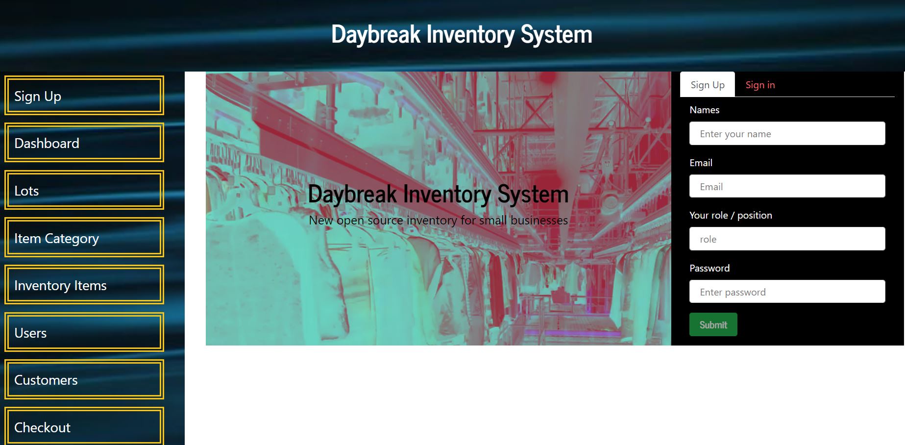 Daybreak Inventory Homepage Screenshot